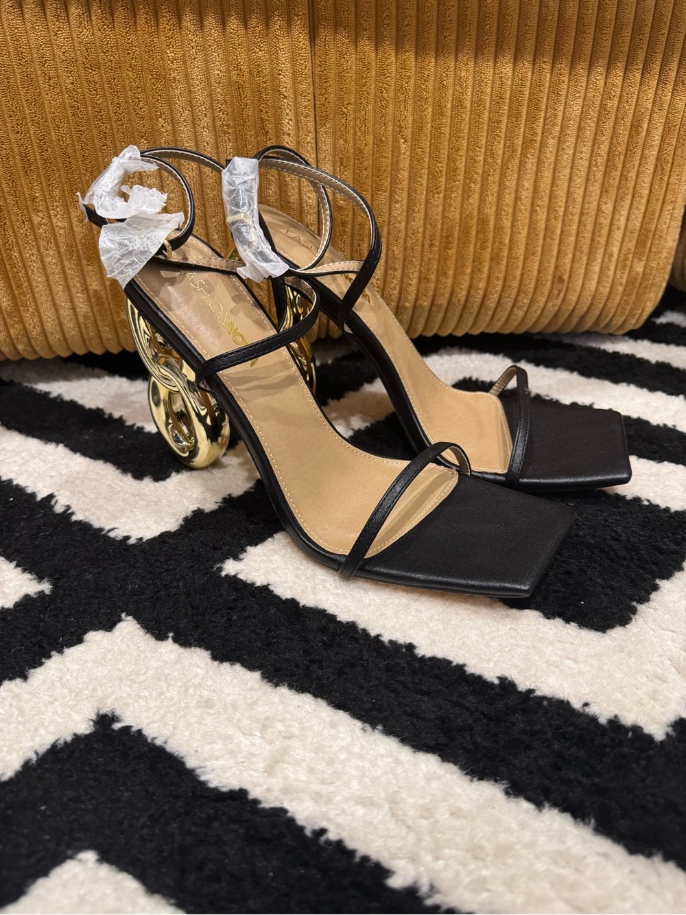 Fashion Nova Black Strappy Sandals with Sculptural Gold Heel